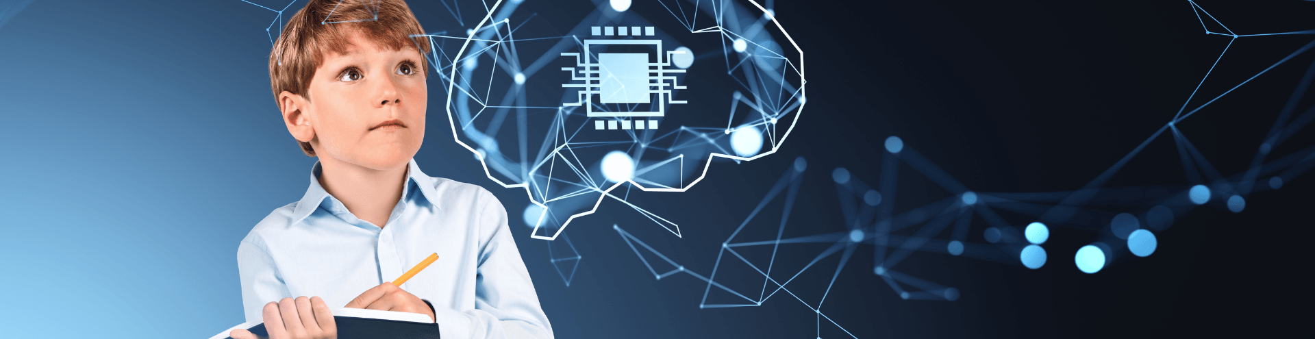 A young boy holding a notebook and pencil, looking thoughtful. The background shows a digital brain network concept in a futuristic style, on a blue gradient background. Concept ai and learning